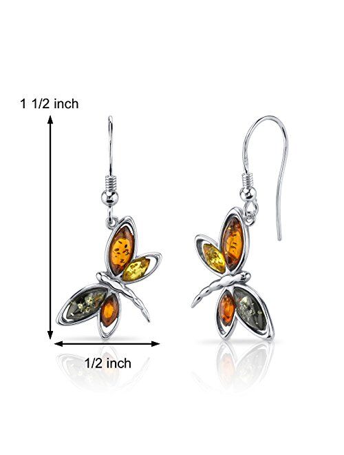 Peora Genuine Baltic Amber Dragonfly Pendant Necklace and Earrings for Women in Sterling Silver, Rich Cognac, Honey and Olive Colors