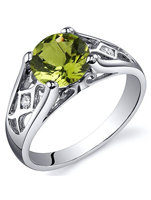 Peora Genuine Peridot Ring for Women 925 Sterling Silver, 1.25 Carats Round Shape, Cathedral Style Solitaire, Sizes 5 to 9