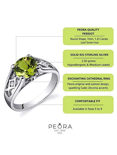 Peora Genuine Peridot Ring for Women 925 Sterling Silver, 1.25 Carats Round Shape, Cathedral Style Solitaire, Sizes 5 to 9