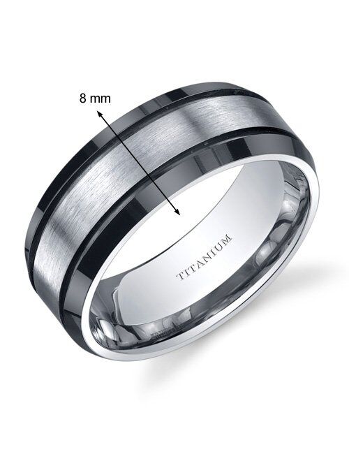 Peora Classic Men's Genuine Titanium Wedding Band Ring, Black and Silver Tone, 8mm Beveled Edge Comfort Fit, Sizes 8 to 13