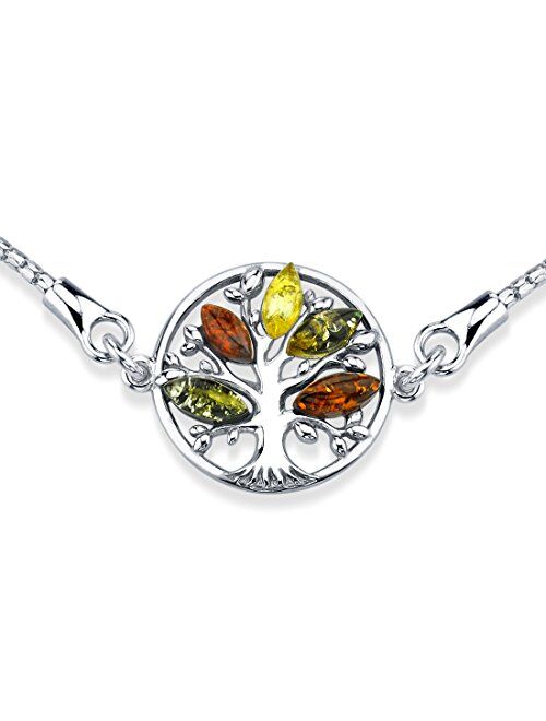 Peora Genuine Baltic Amber Tree of Life Pendant Necklace and Adjustable Bracelet 925 Sterling Silver, Rich Multiple Colors