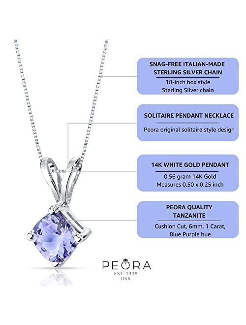 Peora Tanzanite Pendant for Women 14K White Gold, Genuine Gemstone Classic Solitaire, 1 Carat Cushion Cut, 6mm, AAA Grade