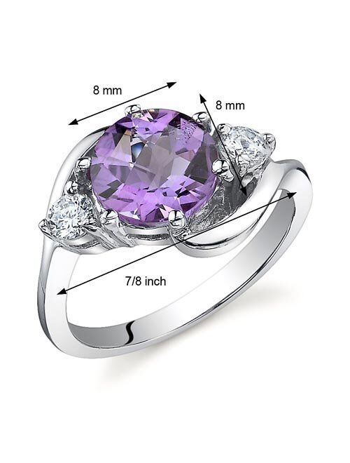 Peora Amethyst 3-Stone Ring for Women 925 Sterling Silver, Natural Gemstone, 1.75 Carats Round Shape 8mm, Sizes 5 to 9