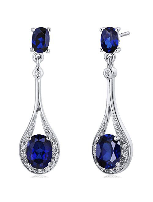 Peora Created Blue Sapphire Dangle Earrings 925 Sterling Silver, Halo Drop Oval Shape, 5 Carats total, Friction Backs