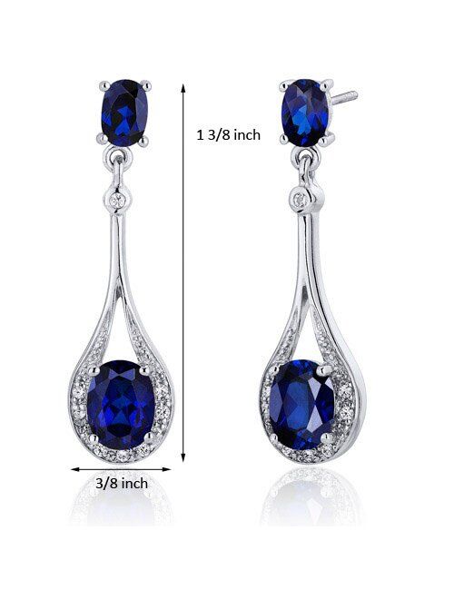 Peora Created Blue Sapphire Dangle Earrings 925 Sterling Silver, Halo Drop Oval Shape, 5 Carats total, Friction Backs