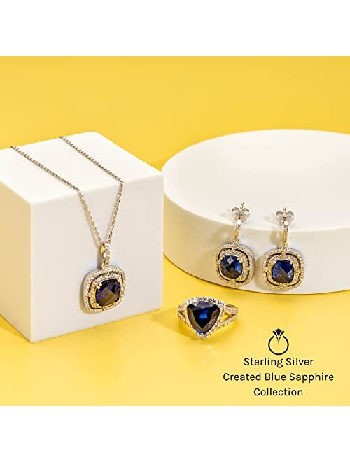 Peora Created Blue Sapphire Dangle Earrings 925 Sterling Silver, Halo Drop Oval Shape, 5 Carats total, Friction Backs