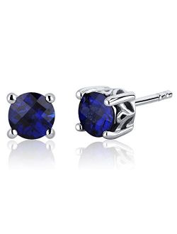 Created Blue Sapphire Stud Earrings 925 Sterling Silver, Solitaire Scroll Gallery, 2 Carats Total, Round Shape 6mm, Friction Backs