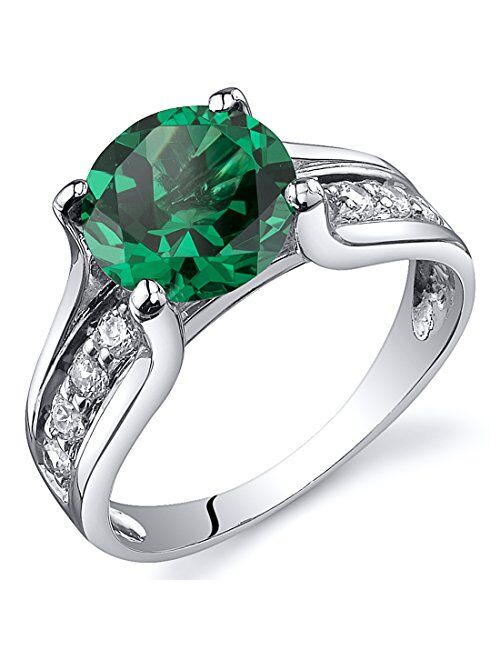 Peora Simulated Emerald Cathedral Ring in Sterling Silver, Solitaire Round Shape, 8mm, 1.75 Carats total, Comfort Fit Sizes 5 to 9