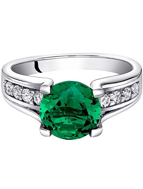 Peora Simulated Emerald Cathedral Ring in Sterling Silver, Solitaire Round Shape, 8mm, 1.75 Carats total, Comfort Fit Sizes 5 to 9