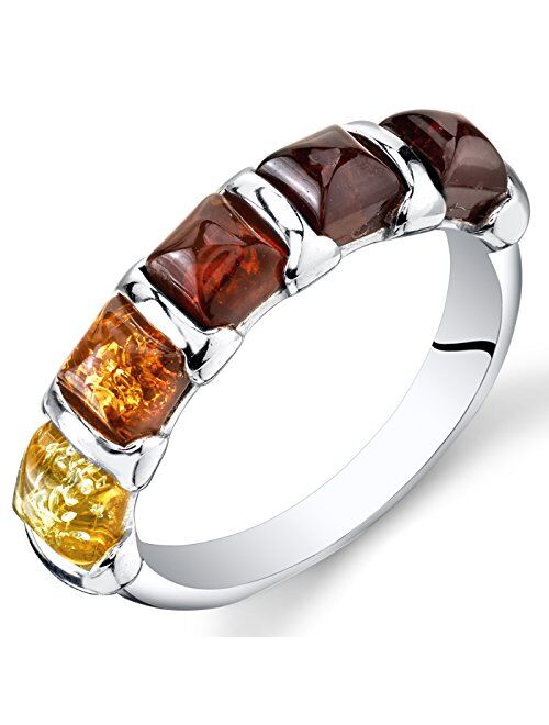 Peora Genuine Baltic Amber Five-Stone Multicolor Half-Eternity Ring Band for Women in Sterling Silver, Comfort Fit, Sizes 5 to 9