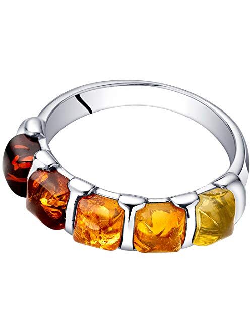 Peora Genuine Baltic Amber Five-Stone Multicolor Half-Eternity Ring Band for Women in Sterling Silver, Comfort Fit, Sizes 5 to 9