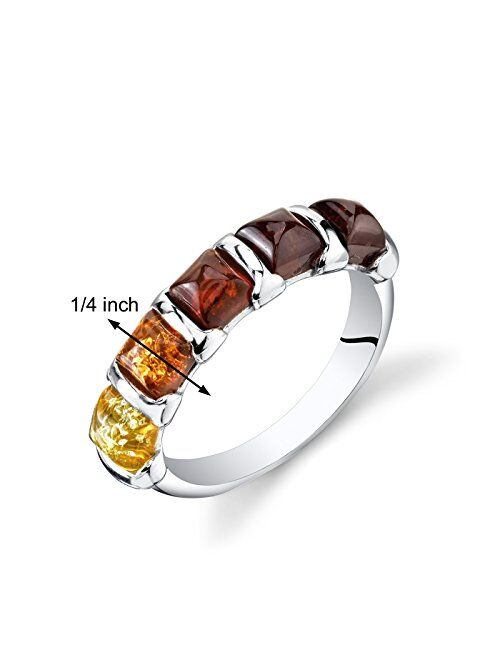 Peora Genuine Baltic Amber Five-Stone Multicolor Half-Eternity Ring Band for Women in Sterling Silver, Comfort Fit, Sizes 5 to 9