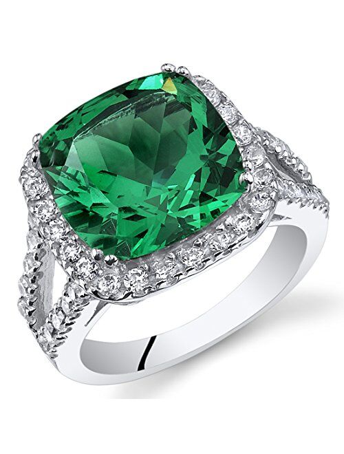 Peora 6.50 Carats Simulated Emerald Ring for Women 925 Sterling Silver, 11mm Cushion Cut, Sizes 5 to 9