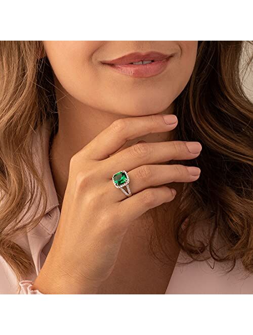 Peora 6.50 Carats Simulated Emerald Ring for Women 925 Sterling Silver, 11mm Cushion Cut, Sizes 5 to 9