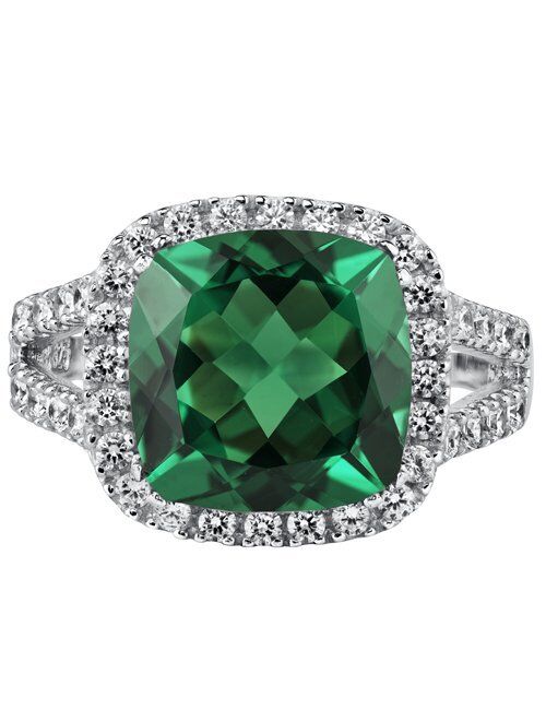 Peora 6.50 Carats Simulated Emerald Ring for Women 925 Sterling Silver, 11mm Cushion Cut, Sizes 5 to 9