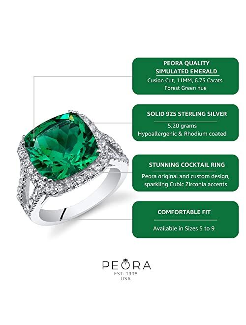 Peora 6.50 Carats Simulated Emerald Ring for Women 925 Sterling Silver, 11mm Cushion Cut, Sizes 5 to 9