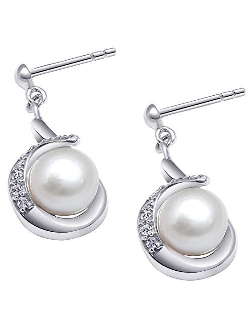 Peora Sterling Silver Freshwater Cultured White Pearl Pendant Necklace and Drop Earrings, Round Button Swirl Drop