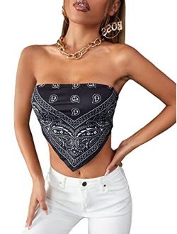 Women's Paisley Print Tie Back Strapless Tube Bandana Cami Crop Top