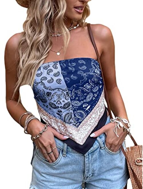 SOLY HUX Women's Paisley Print Tie Back Strapless Tube Bandana Cami Crop Top