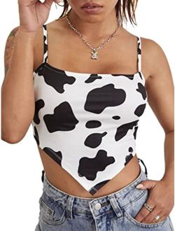Women's Cow Print Hanky Hem Cami Sleeveless Bandana Crop Top