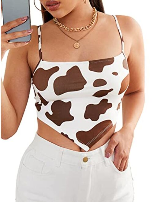 MakeMeChic Women's Cow Print Hanky Hem Cami Sleeveless Bandana Crop Top