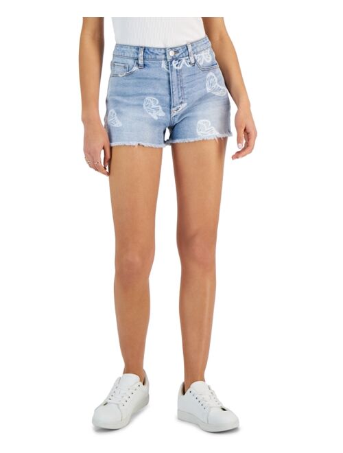 Tinseltown Juniors' High Rise Frayed-Hem Denim Mom Shorts, Created for Macy's