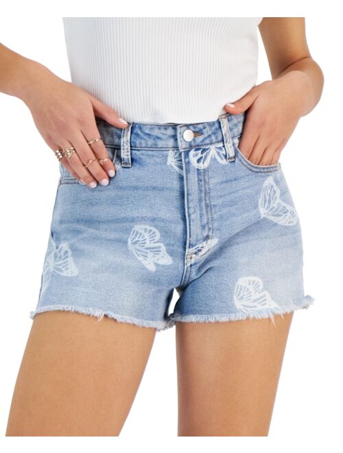 Tinseltown Juniors' High Rise Frayed-Hem Denim Mom Shorts, Created for Macy's