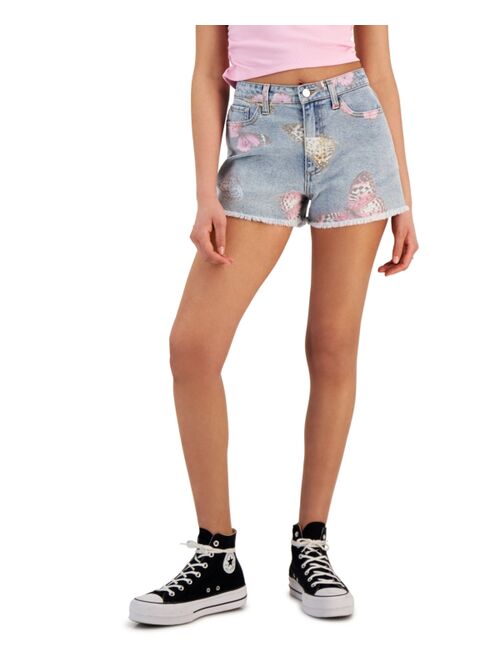 Tinseltown Juniors' High Rise Frayed-Hem Denim Mom Shorts, Created for Macy's