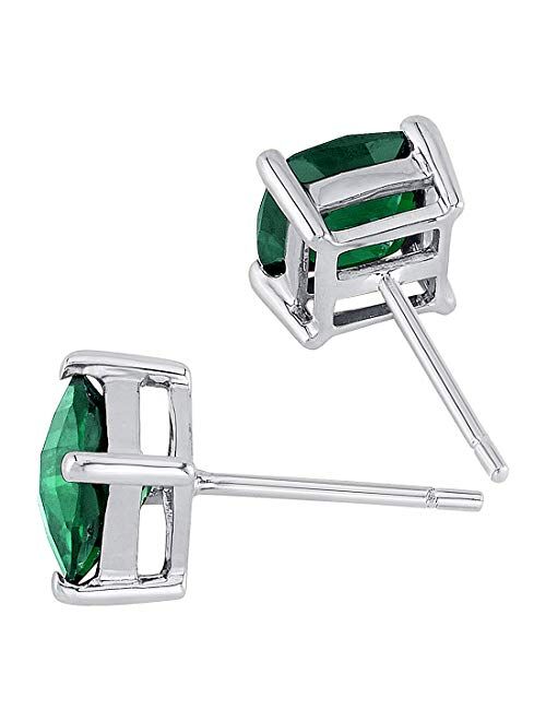 Peora Created Emerald Stud Earrings for Women in 14Kt White Gold, Classic Solitaire, Cushion Cut 6mm, 1.75 Carats total, Friction Back