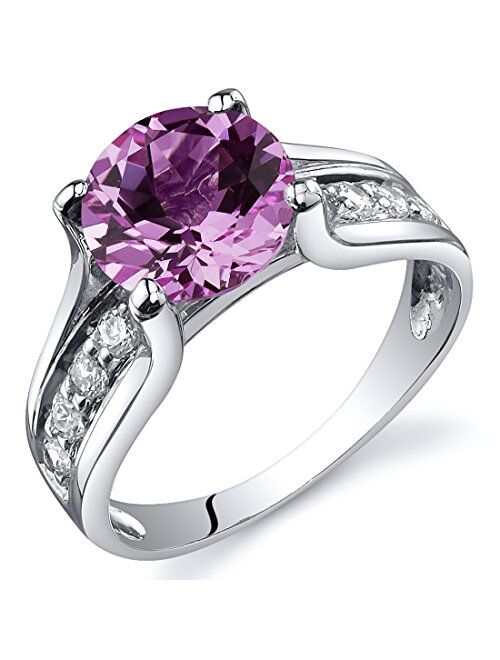 Peora Created Pink Sapphire Cathedral Solitaire Ring for Women 925 Sterling Silver, 2.75 Carats Round Shape 8mm, Sizes 5-9