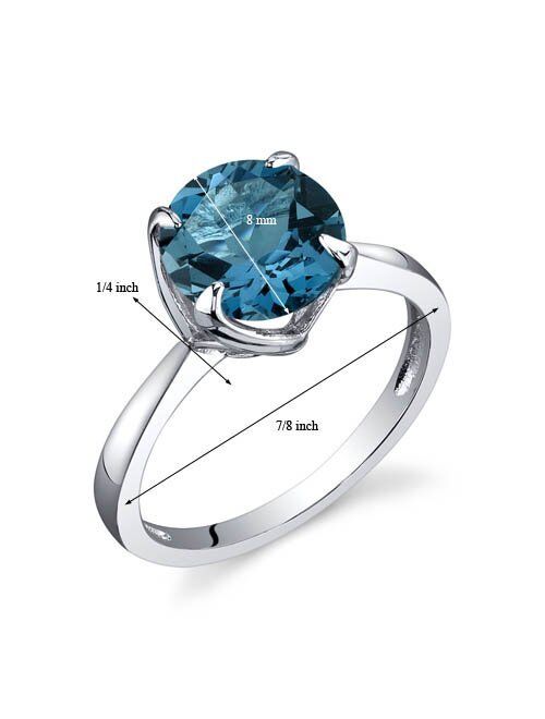 Peora London Blue Topaz Elegant Solitaire Ring for Women 925 Sterling Silver, Natural Gemstone, 2.25 Carats Round Shape 8mm, Sizes 5 to 9