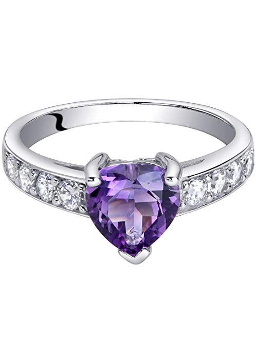 Peora Amethyst Heart Promise Ring for Women 925 Sterling Silver, Natural Gemstone Birthstone, 1 Carat Heart Shape 7mm, Sizes 5 to 9