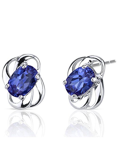 Peora Created Blue Sapphire Earrings for Women 925 Sterling Silver, 2 Carats Total Oval Shape 7x5mm, Friction Backs