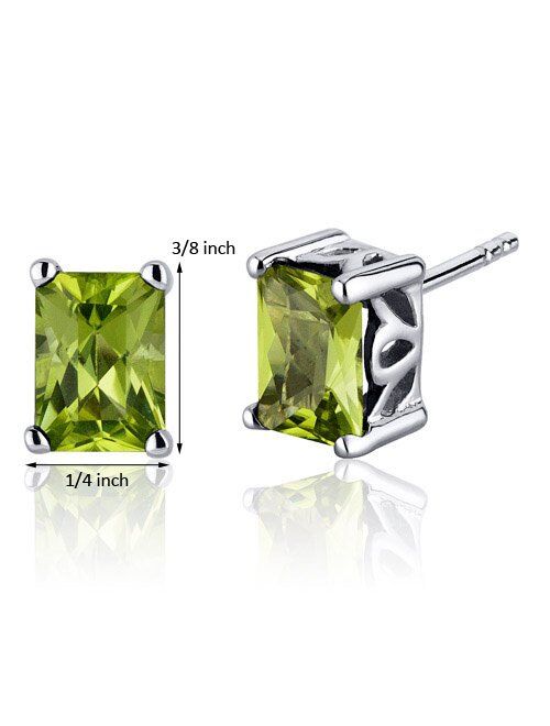 Peora Peridot Sterling Silver Stud Earrings for Women, Scroll Design, 2 Carats total Radiant Cut 7x5mm