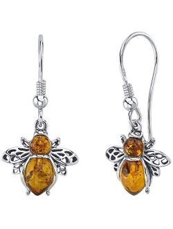 Genuine Baltic Amber Bee Pendant Necklace and Earrings for Women in Sterling Silver, Rich Cognac Color