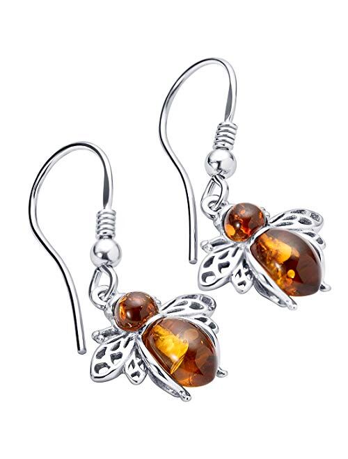 Peora Genuine Baltic Amber Bee Pendant Necklace and Earrings for Women in Sterling Silver, Rich Cognac Color