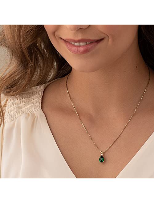 Peora Created Emerald with Genuine Diamond Pendant for Women 14K Yellow Gold, Elegant Teardrop Solitaire, Pear Shape, 10x7mm, 1.75 Carats total