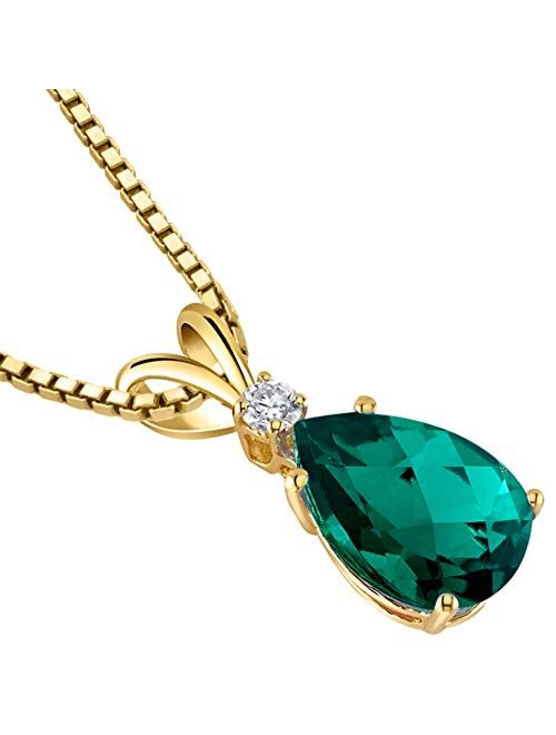 Peora Created Emerald with Genuine Diamond Pendant for Women 14K Yellow Gold, Elegant Teardrop Solitaire, Pear Shape, 10x7mm, 1.75 Carats total