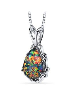 Created Black Fire Opal Vintage Teardrop Solitaire Pendant Necklace for Women 925 Sterling Silver, 1 Carat Pear Shape 10x7mm, with 18 inch Chain