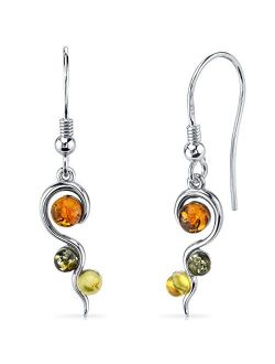 Genuine Baltic Amber Pendant Necklace and Earrings in Sterling Silver, Three Stone Squiggle Rich Cognac, Honey and Olive Colors