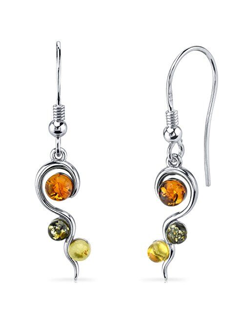 Peora Genuine Baltic Amber Pendant Necklace and Earrings in Sterling Silver, Three Stone Squiggle Rich Cognac, Honey and Olive Colors