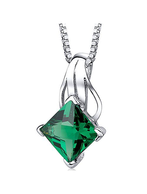 Peora Simulated Emerald Signature Solitaire Pendant Necklace for Women 925 Sterling Silver, 2 Carats Princess Cut 9mm, with 18 inch Chain