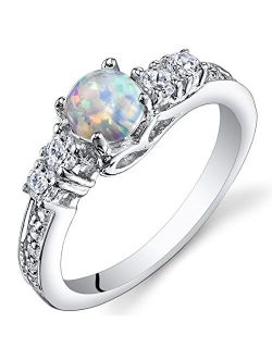 Created White Fire Opal Ring 925 Sterling Silver, Sweetheart Solitaire, Round Shape Cabochon, Comfort Fit, Sizes 5 to 9