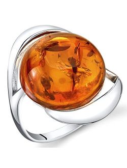 Genuine Baltic Amber Large Round Swirl Ring for Women in Sterling Silver, Rich Cognac Color, Comfort Fit, Sizes 5 to 9