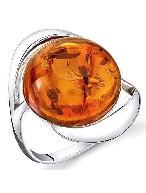 Peora Genuine Baltic Amber Large Round Swirl Ring for Women in Sterling Silver, Rich Cognac Color, Comfort Fit, Sizes 5 to 9