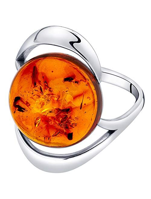 Peora Genuine Baltic Amber Large Round Swirl Ring for Women in Sterling Silver, Rich Cognac Color, Comfort Fit, Sizes 5 to 9