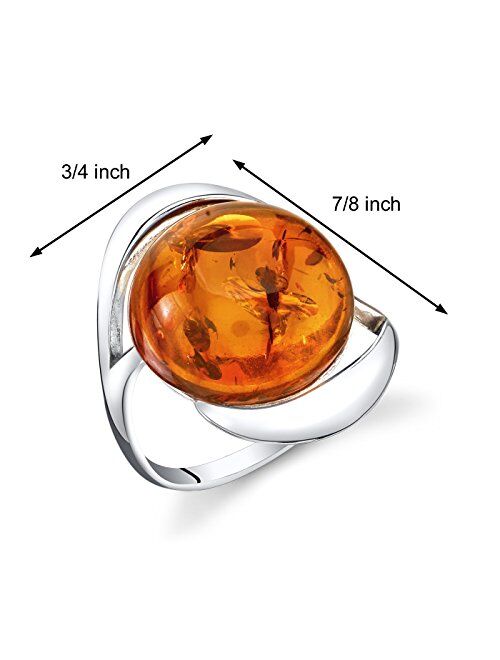 Peora Genuine Baltic Amber Large Round Swirl Ring for Women in Sterling Silver, Rich Cognac Color, Comfort Fit, Sizes 5 to 9