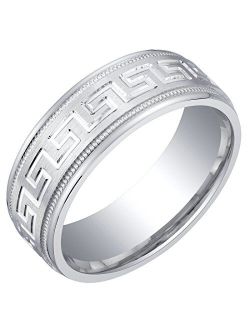 Men's 7mm Solid 925 Sterling Silver Greek Key Milgrain Wedding Ring Band, Brushed Matte, Comfort Fit Sizes 8 to 16