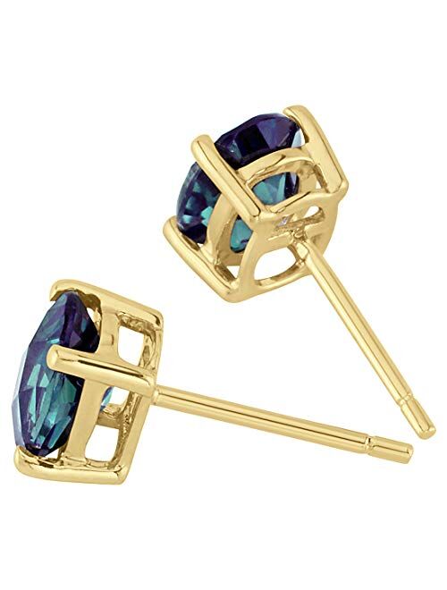 Peora Solid 14K Yellow Gold Created Alexandrite Earrings for Women, Color Change Classic Solitaire Studs, 7x5mm Oval Shape, 2 Carats total, Friction Back