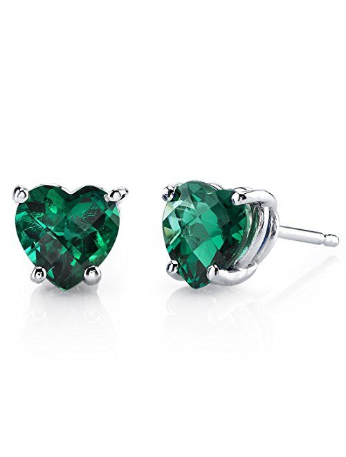 Peora Solid 14K White Gold Created Emerald Heart Stud Earrings for Women, Classic Solitaire Studs, 6mm, 1.50 Carats total, Friction Back